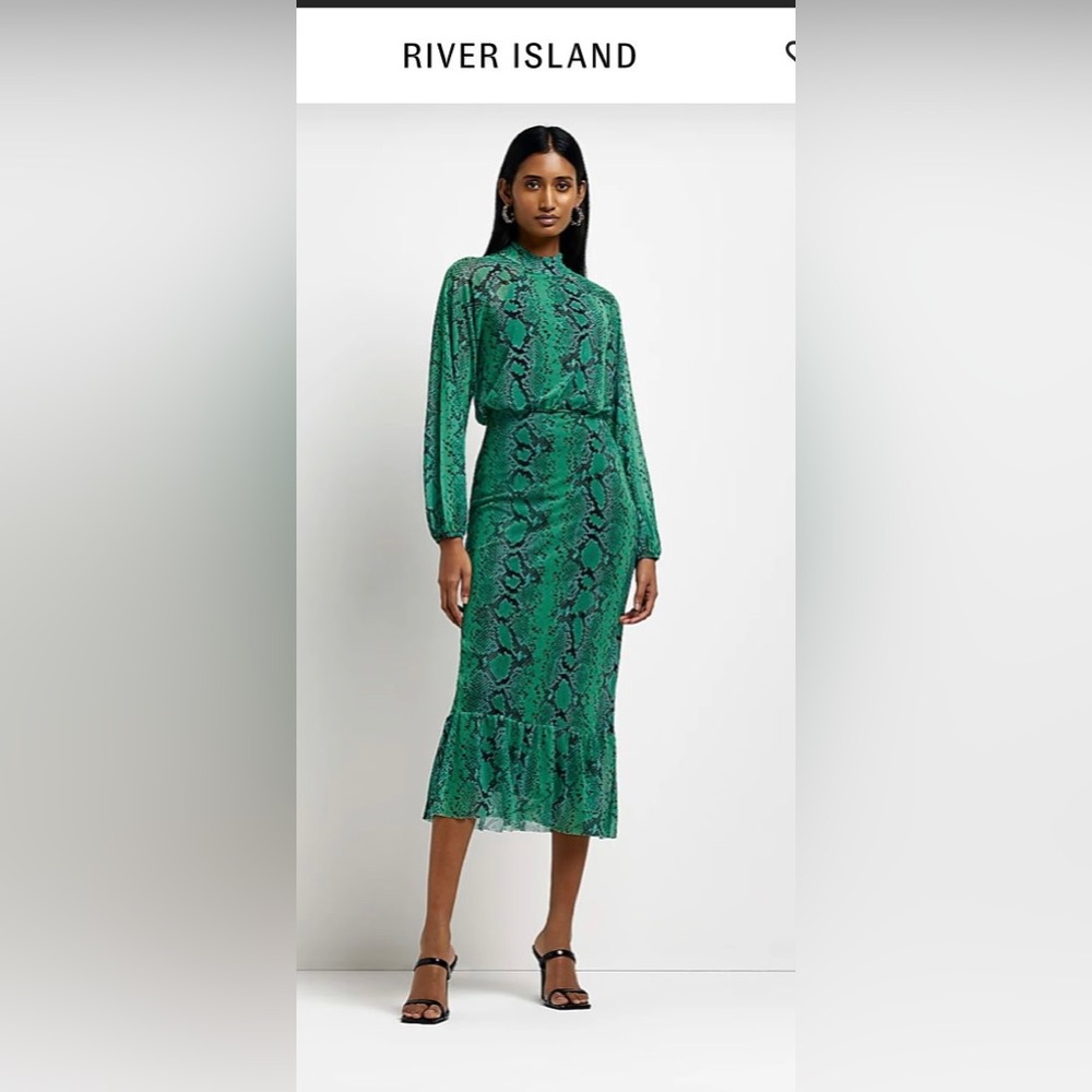 River Island Green Snake-Print Midi Dress with Ruffle Hem